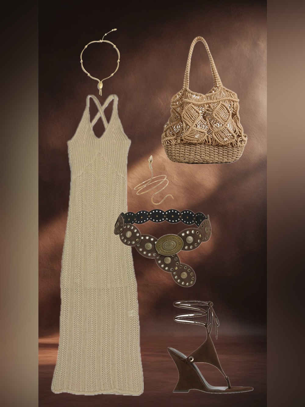 Pull&Bear Open-Knit V-Neck Maxi Dress in Tan